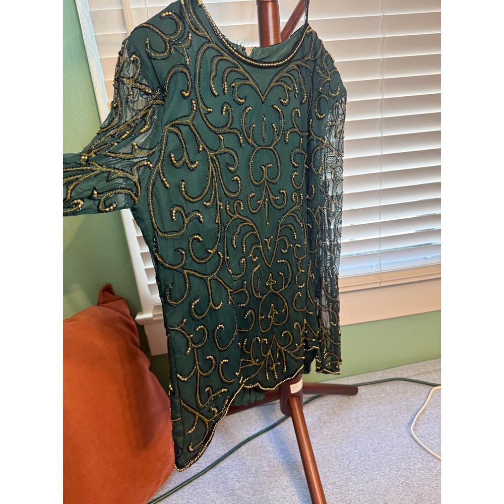 Vintage Stenay Dress Womens XL Green Silk Beaded Gold Black Formal Evening 80s - Picture 2 of 8
